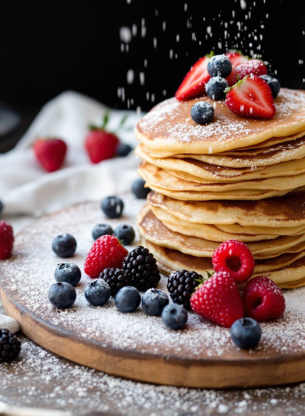 Stack of delicious crepes on a rustic wooden board, dusted with powdered sugar and adorned with fresh berries in morning sunlight.