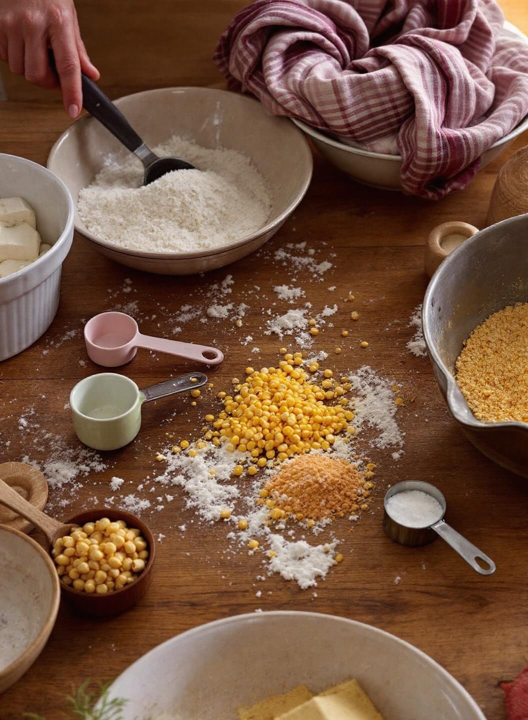 Rustic kitchen scene with warm lighting, featuring mixing bowls, scattered ingredients like fresh cornmeal and flour, measuring cups, on a natural wood counter.