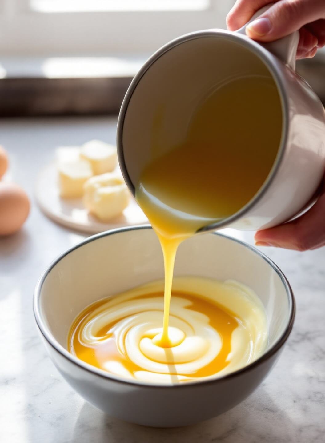 Pouring golden liquid ingredients in a sunlit kitchen with swirls of melted butter, farm fresh egg and creamy milk in a vintage bowl