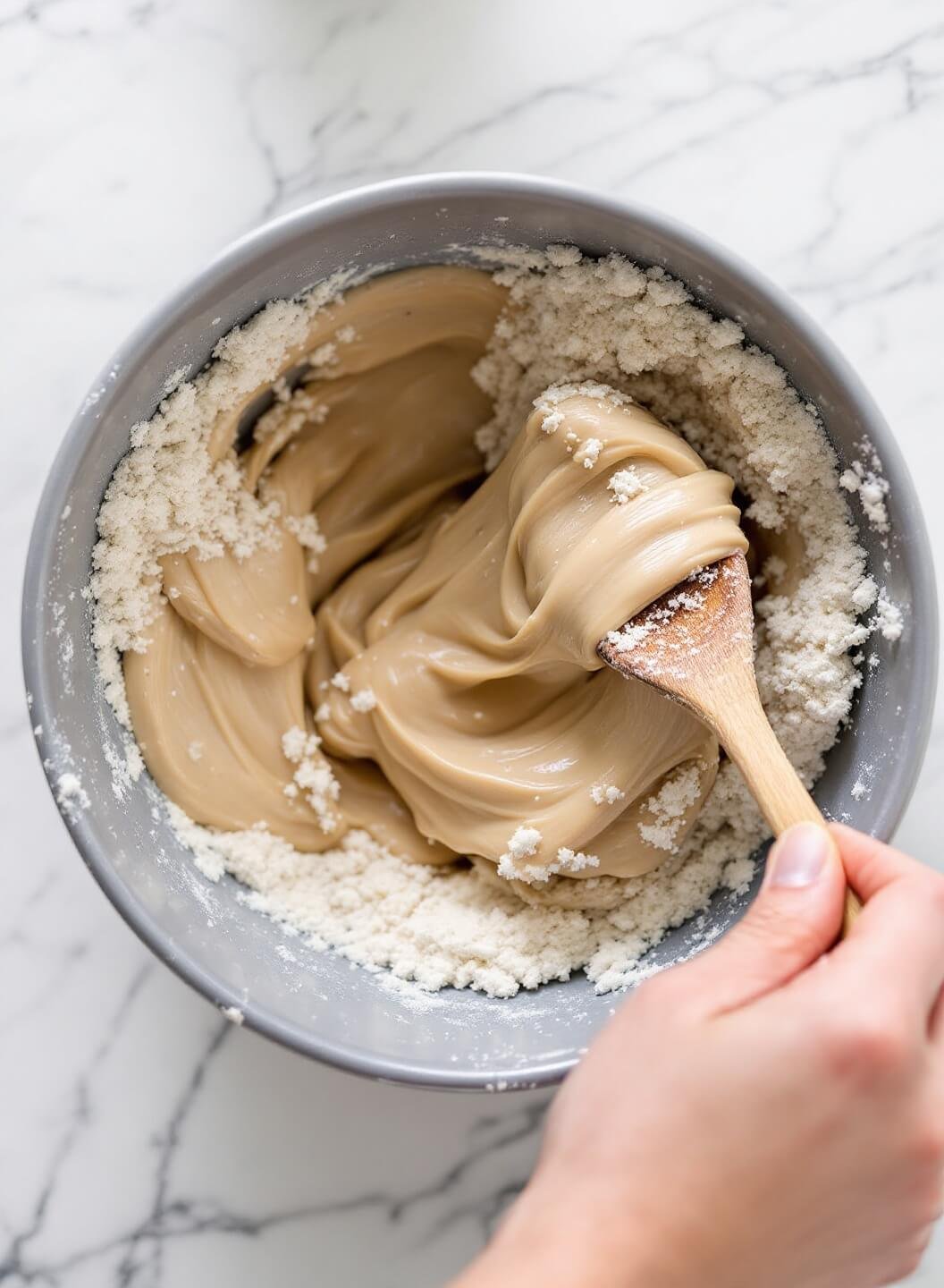 Person using a wooden spoon to mix wet and dry ingredients on a marble countertop, creating a lumpy batter, with morning light streaming in.