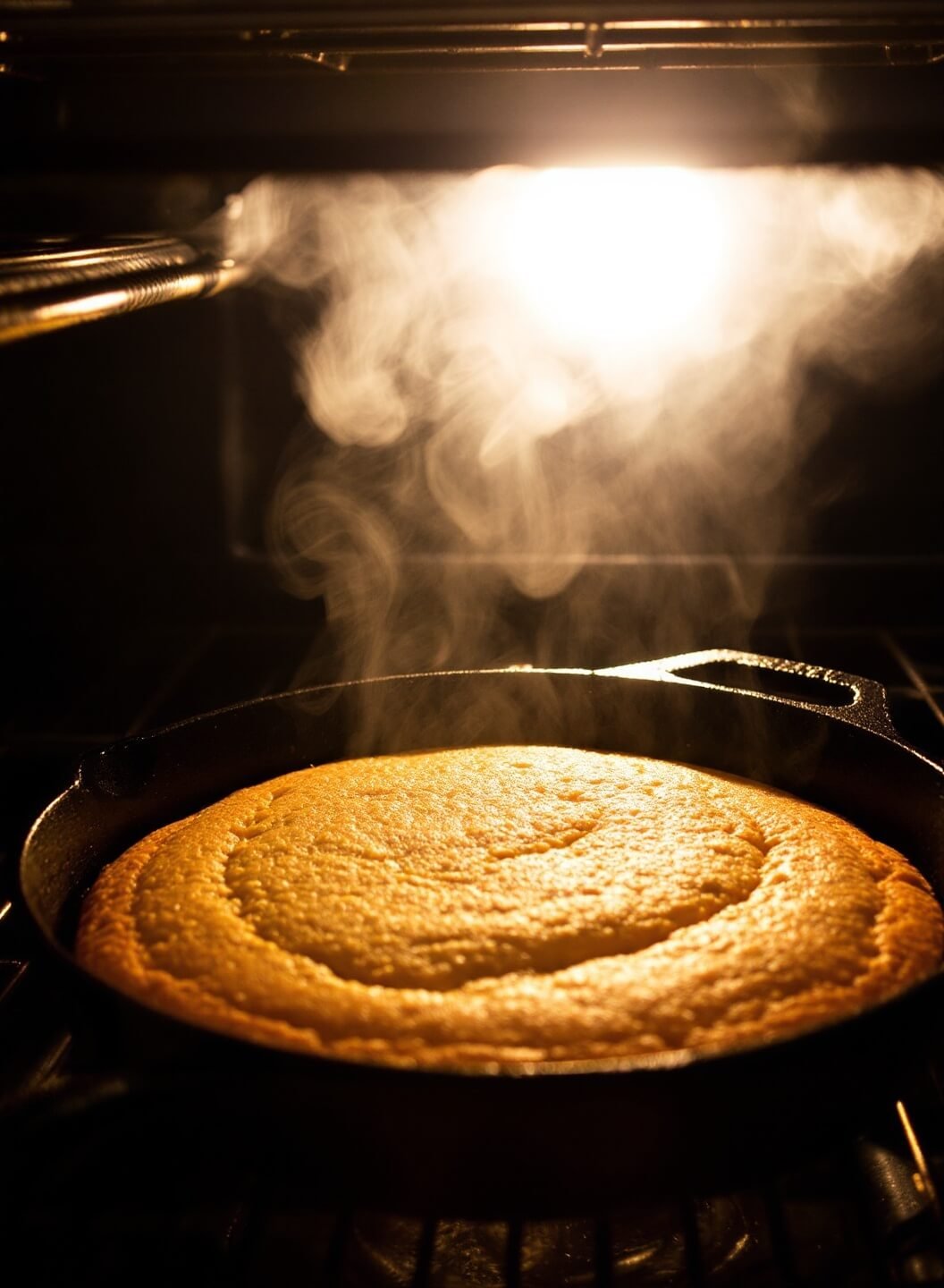 Baking cast iron skillet cornbread in a 400f oven with a golden crust forming and steam rising