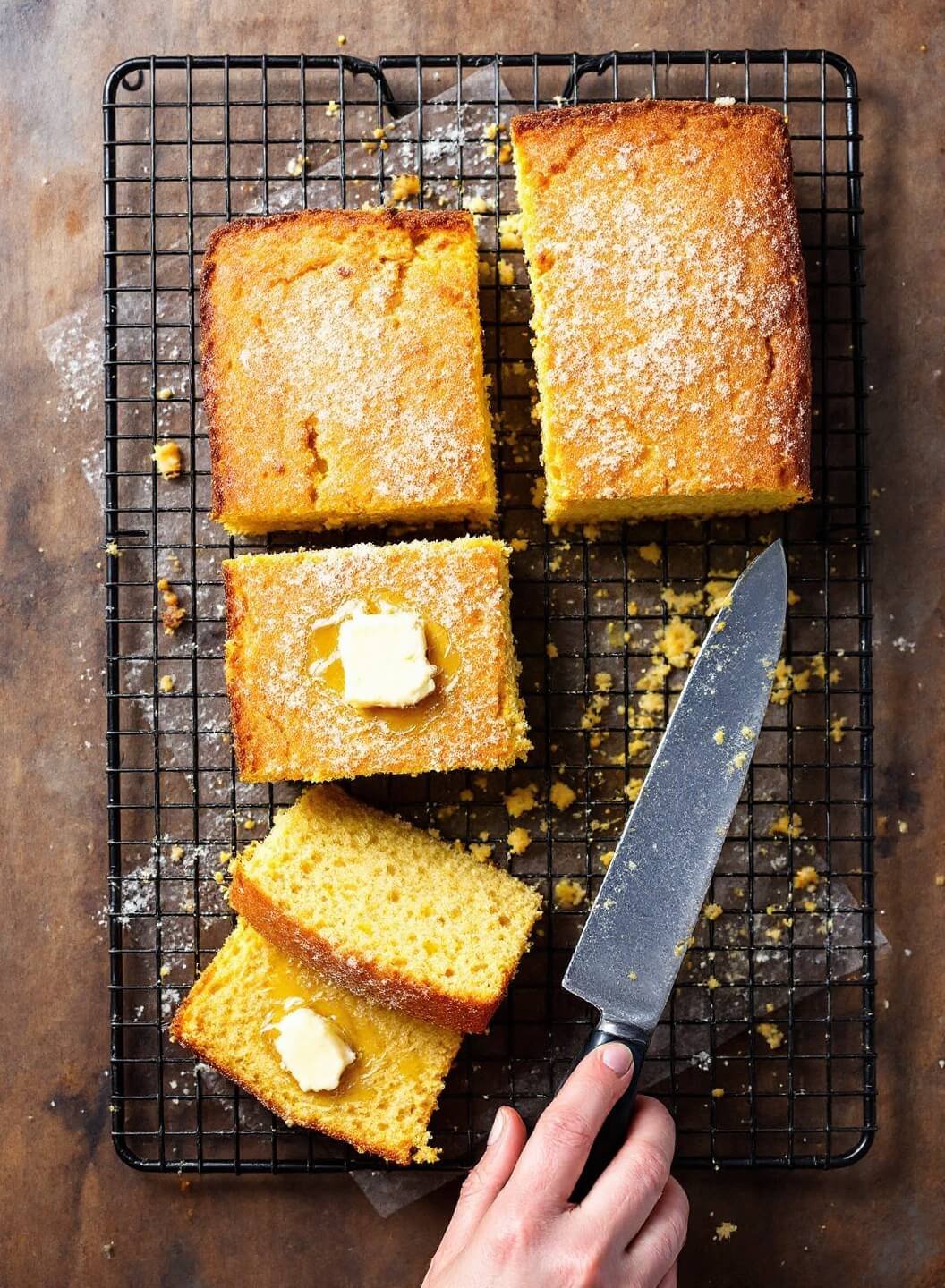 Golden brown cornbread cooling on a rustic rack, steam rising, with a knife cutting a perfect square, drizzled with honey and a melting pat of butter.