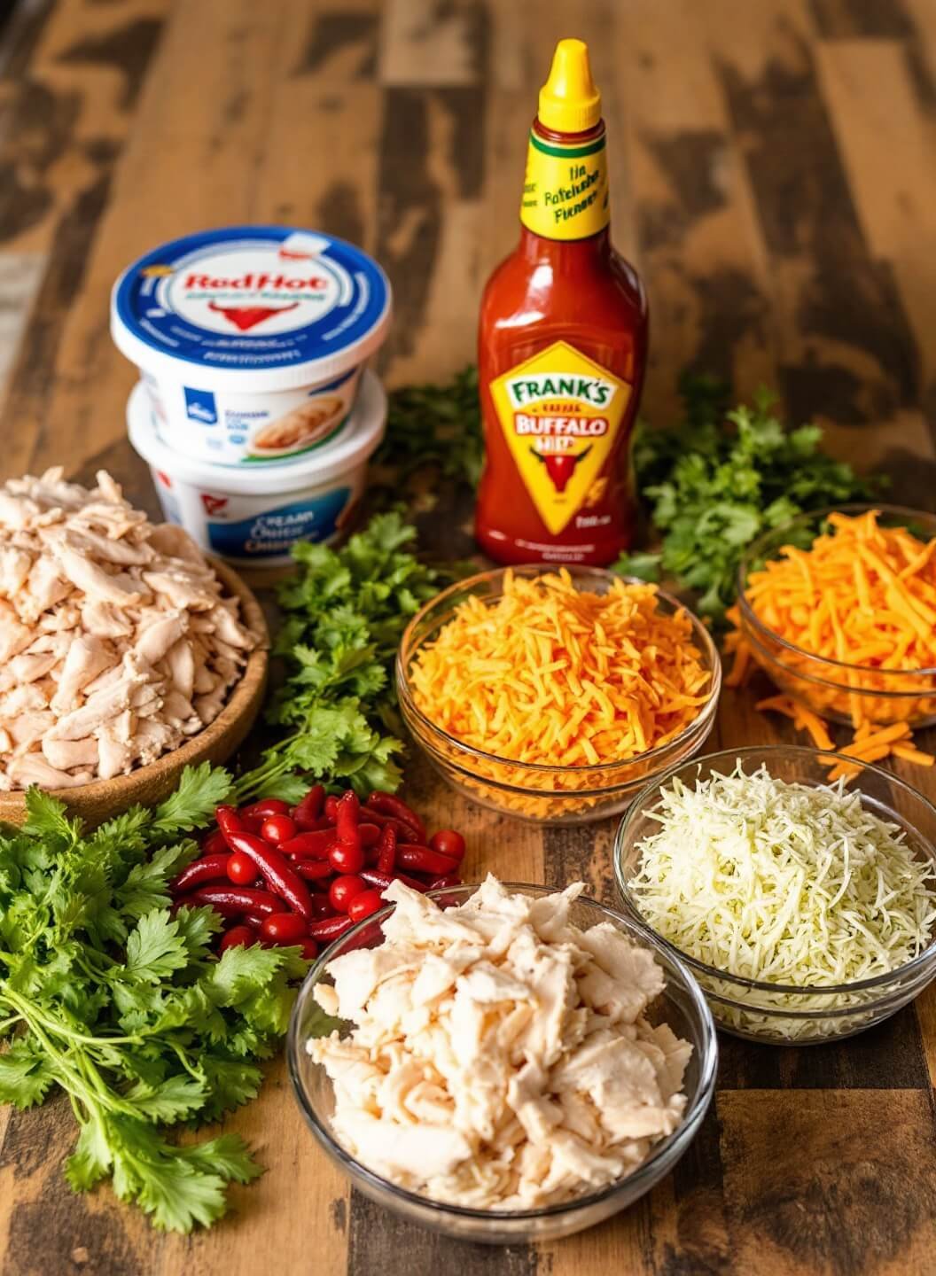 Fresh ingredients for buffalo dip including Frank's RedHot sauce, cream cheese, shredded rotisserie chicken and colorful cheeses on a rustic countertop