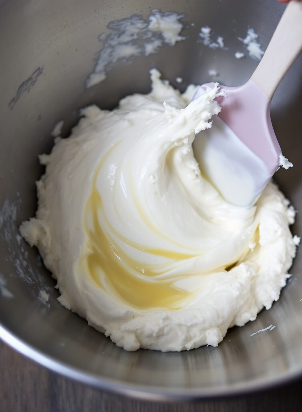 Close-up shot of cream cheese and ranch dressing being mixed in a stainless steel bowl with a spatula