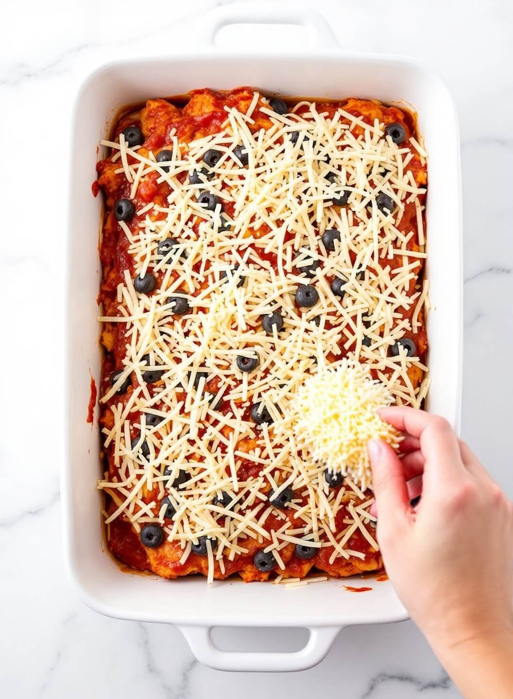 Hands sprinkling cheese on layered buffalo chicken mixture in a ceramic dish under bright kitchen light