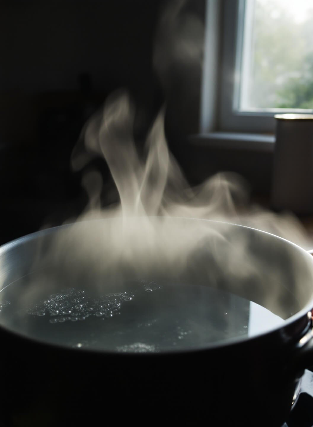 Steaming saucepan of simmering water in a brightly lit kitchen