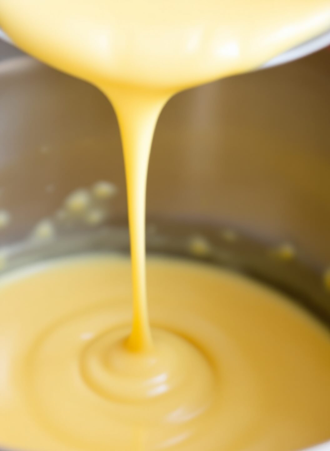 Close-up view of smooth hollandaise sauce being prepared with a thin stream of warm melted butter pouring from above in a kitchen setting