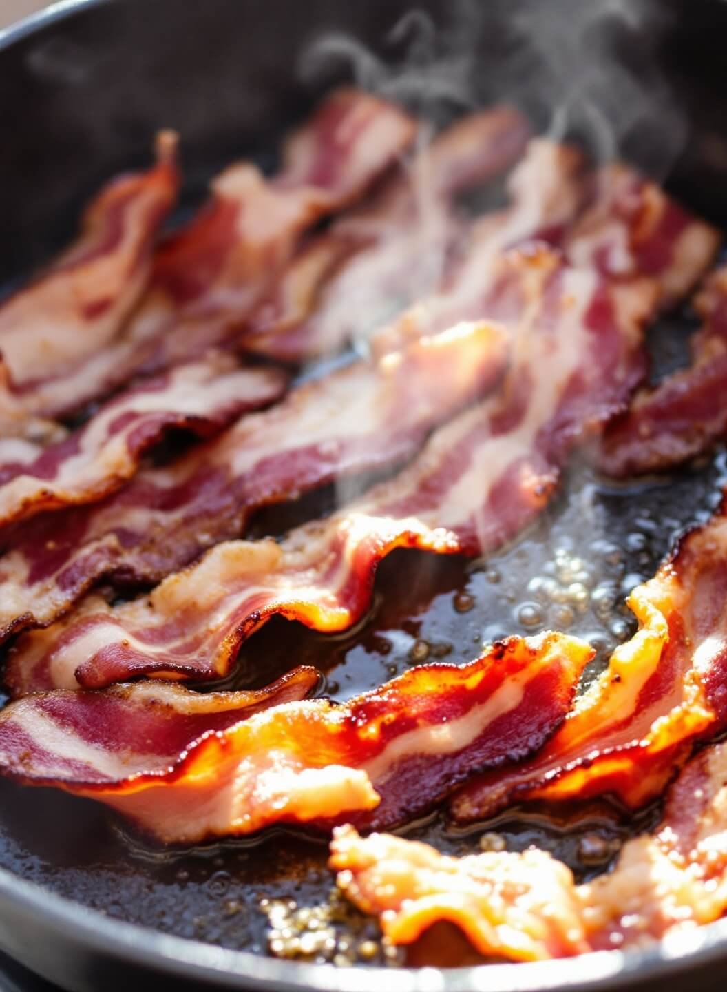 Sizzling Canadian bacon in rustic cast iron skillet with steam rising in morning sunlight, creating a cozy breakfast atmosphere