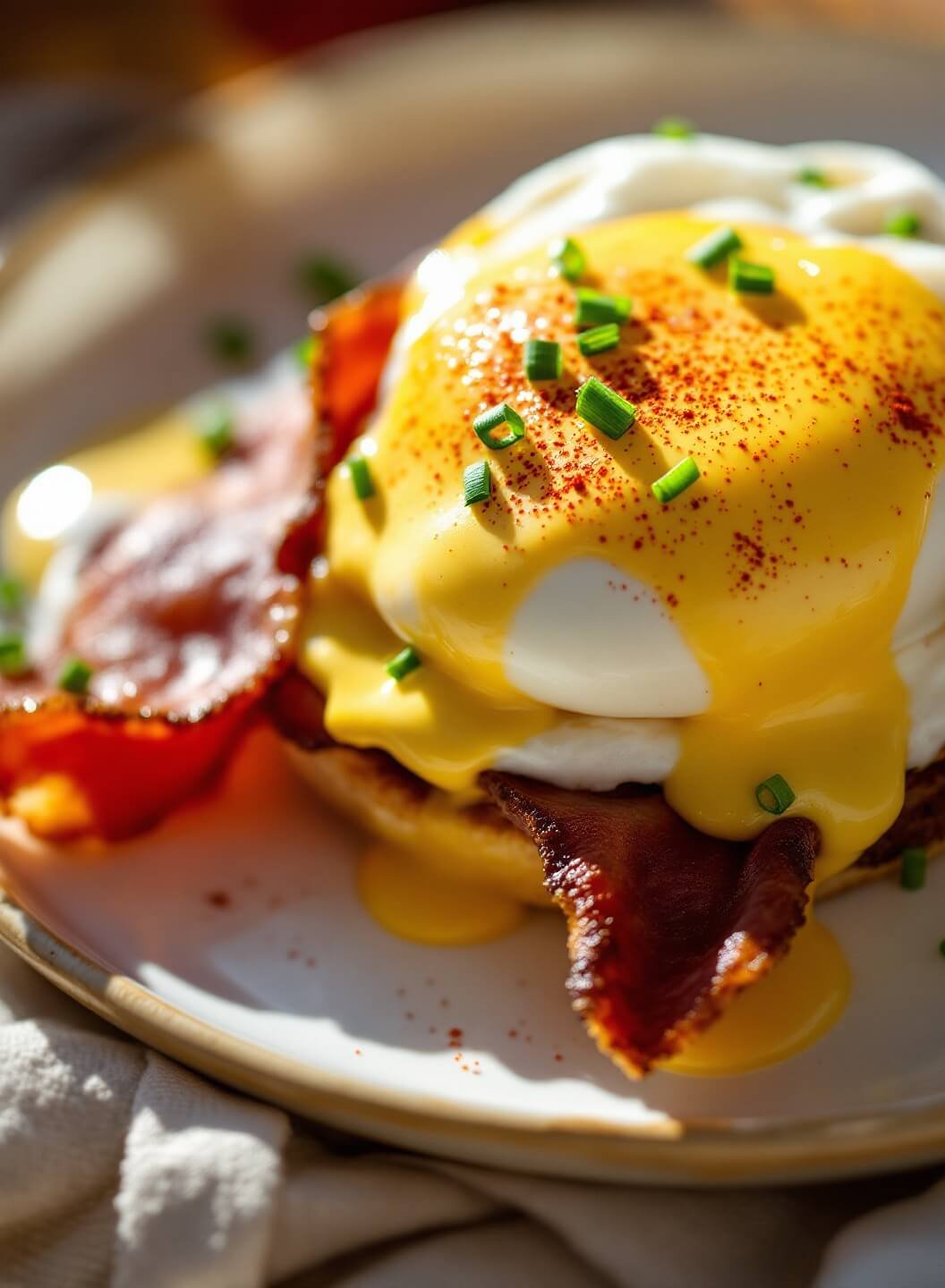 Eggs Benedict with hollandaise sauce, Canadian bacon, chives, and paprika on a white porcelain plate in morning light.