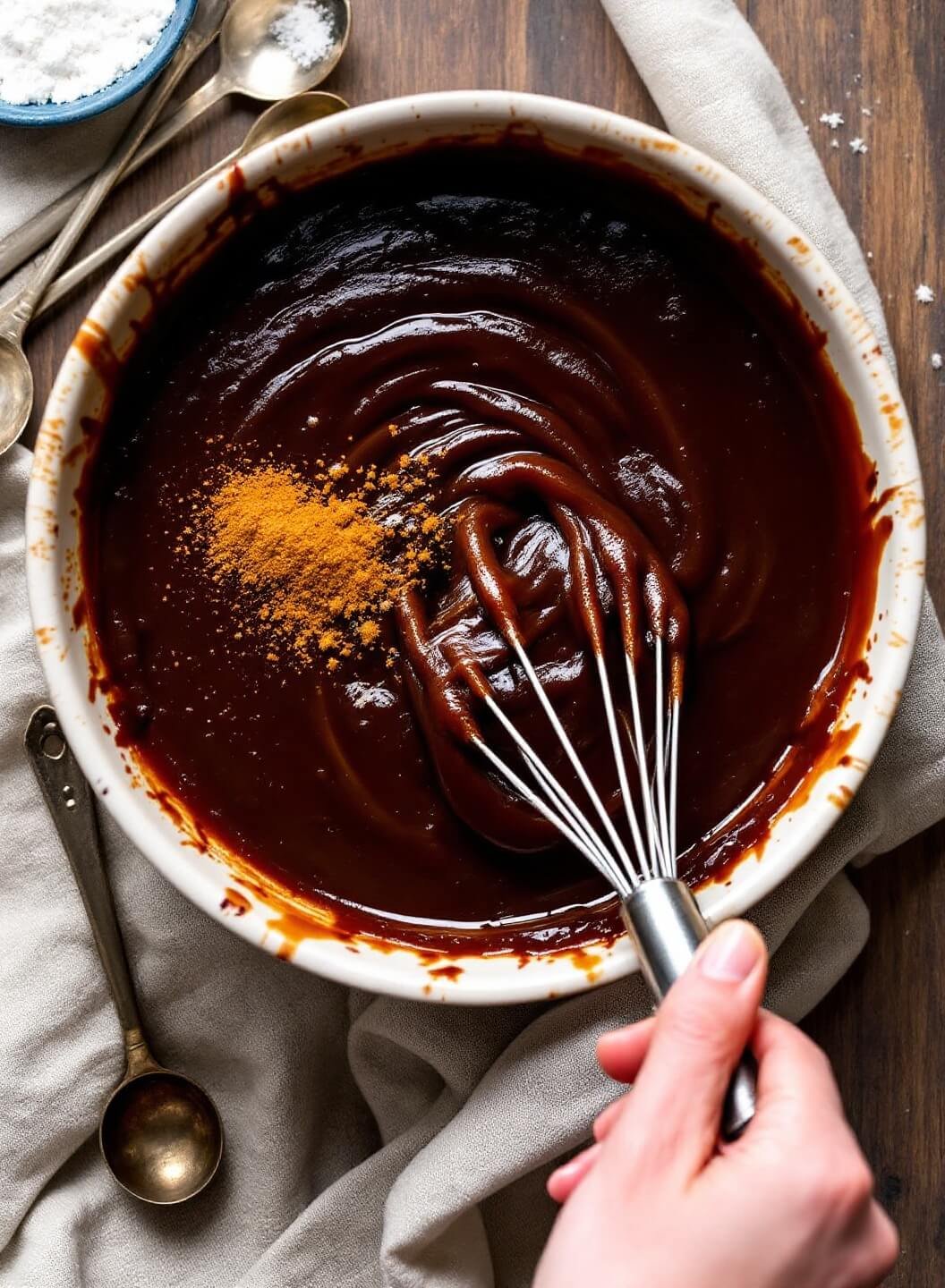 Mahogany-colored sauce being whisked in an old ceramic bowl with molasses and spices, vintage measuring spoons scattered nearby