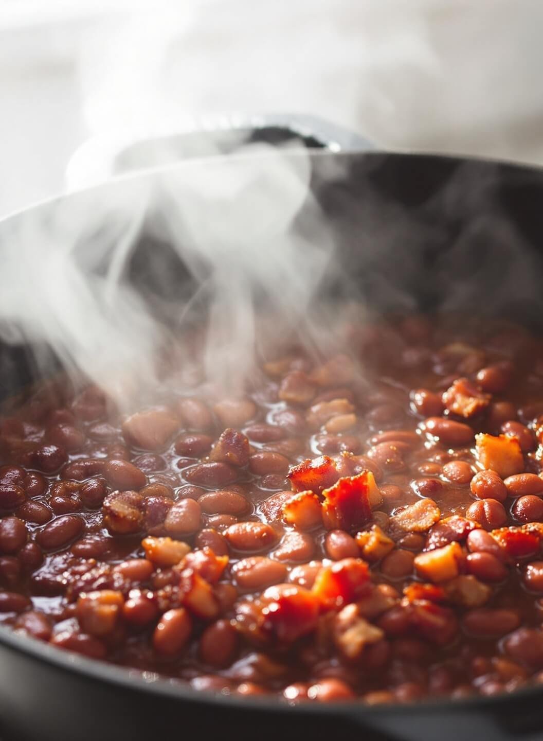 Steamy baked beans with crispy bacon in a cast-iron skillet under window light