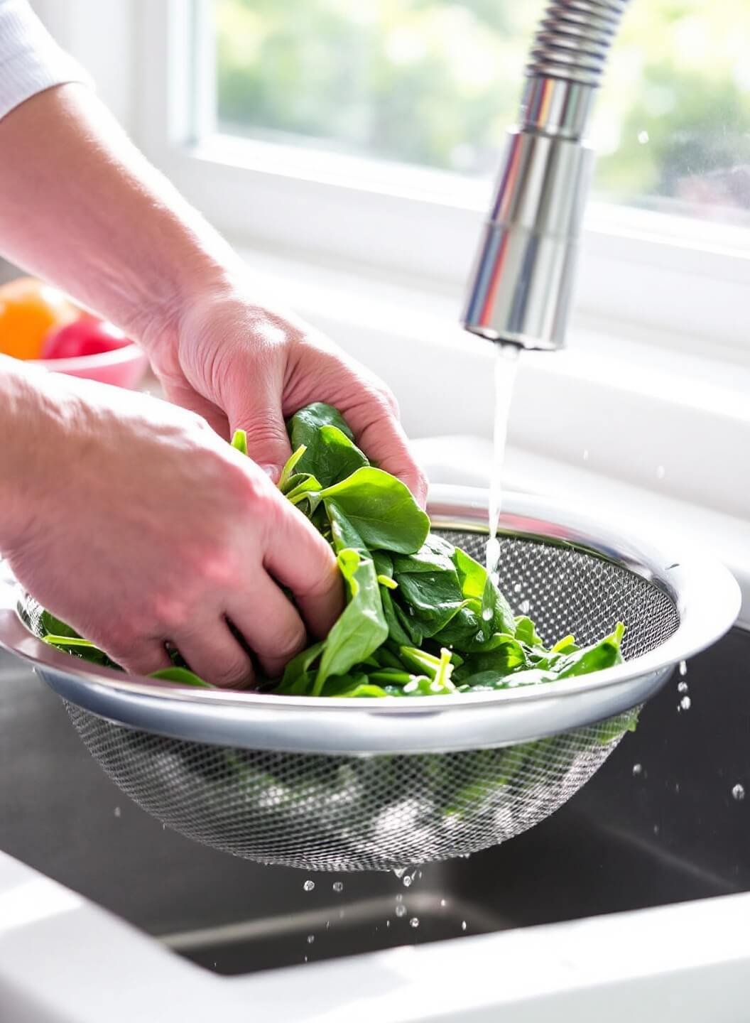 Hands pressing thawed spinach in a stainless steel strainer over a white sink, illuminated by sunlight.