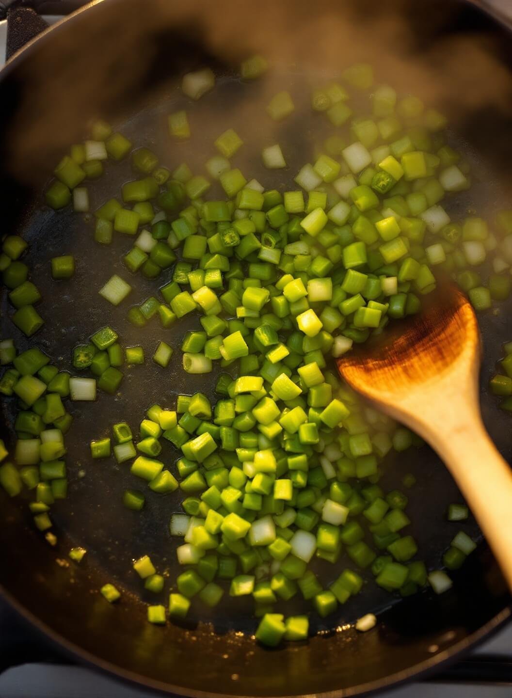 Green onions and diced poblano peppers sizzling in a cast iron skillet with steam rising, under evening light with a wooden spoon resting nearby