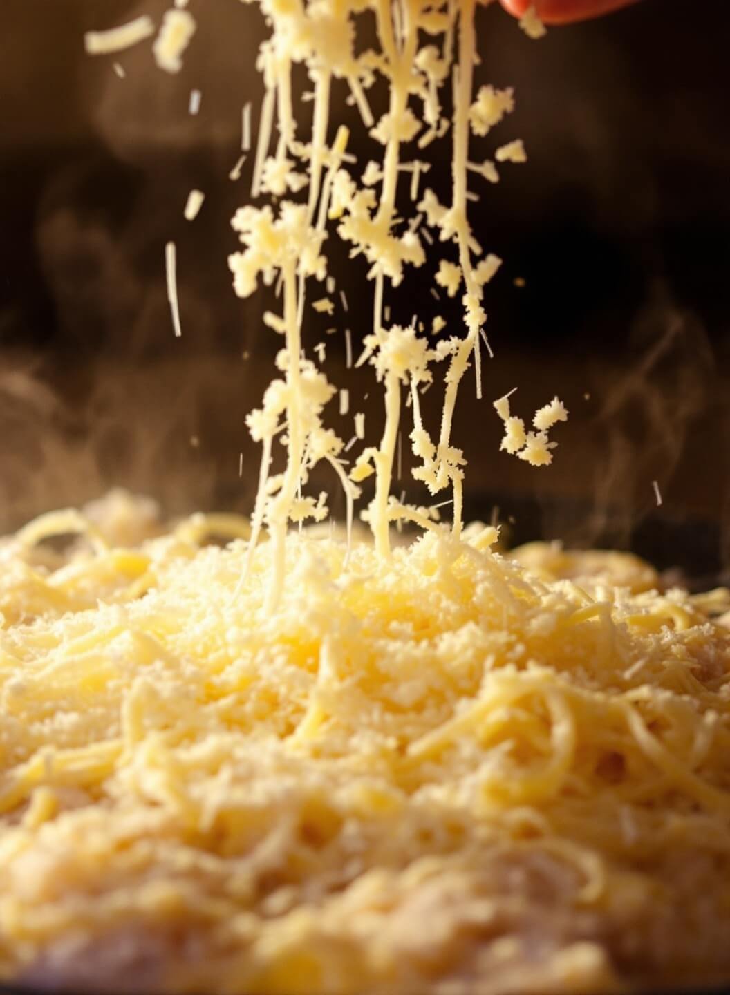 Freshly grated parmesan falling into warm mixture with steam rising and melted cheese creating ribbons under warm kitchen lighting.