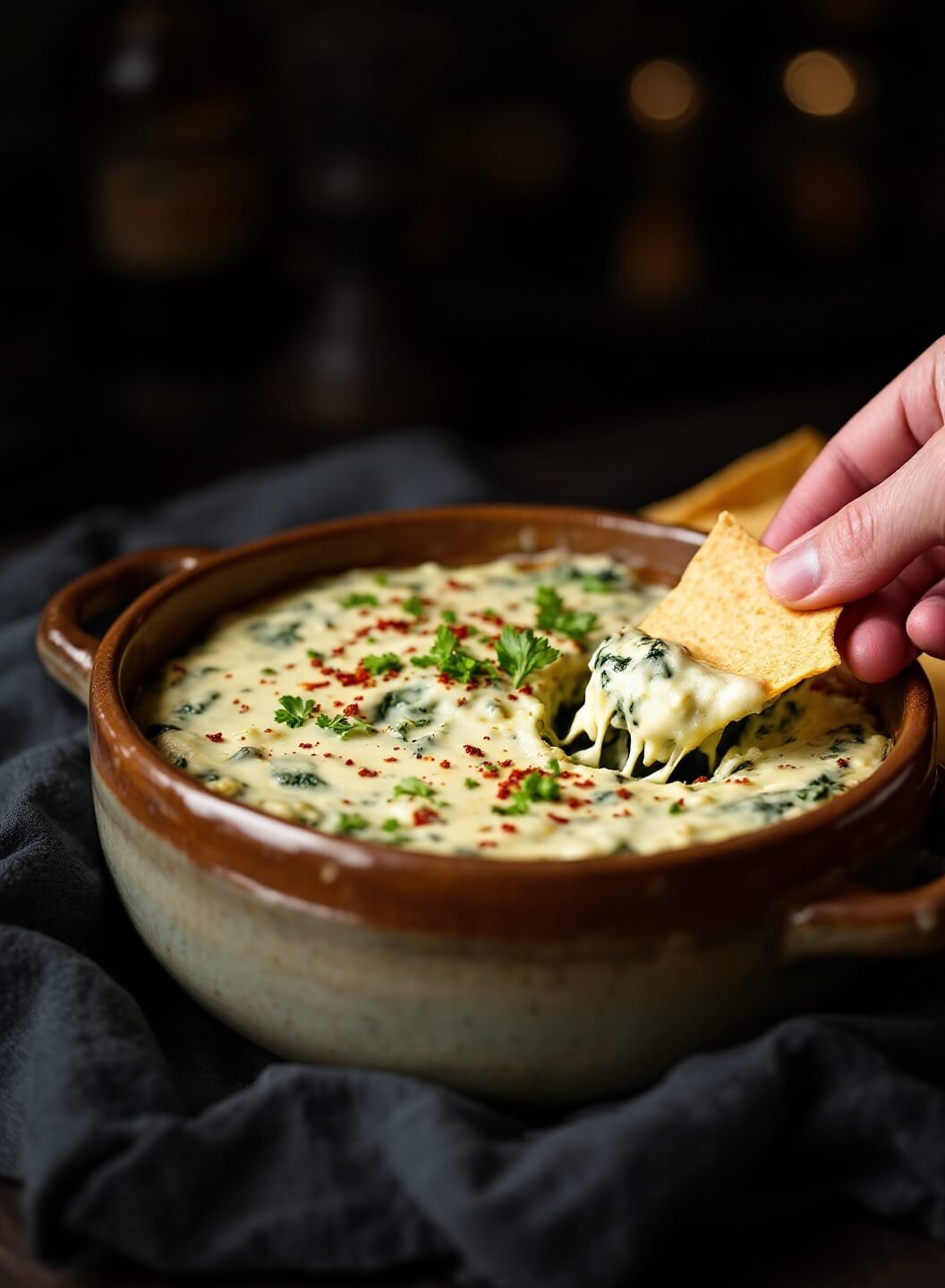 Hot spinach artichoke dip in a rustic ceramic bowl with cheese pulling from a dipping tortilla chip, garnished with herbs and red pepper flakes under moody lighting