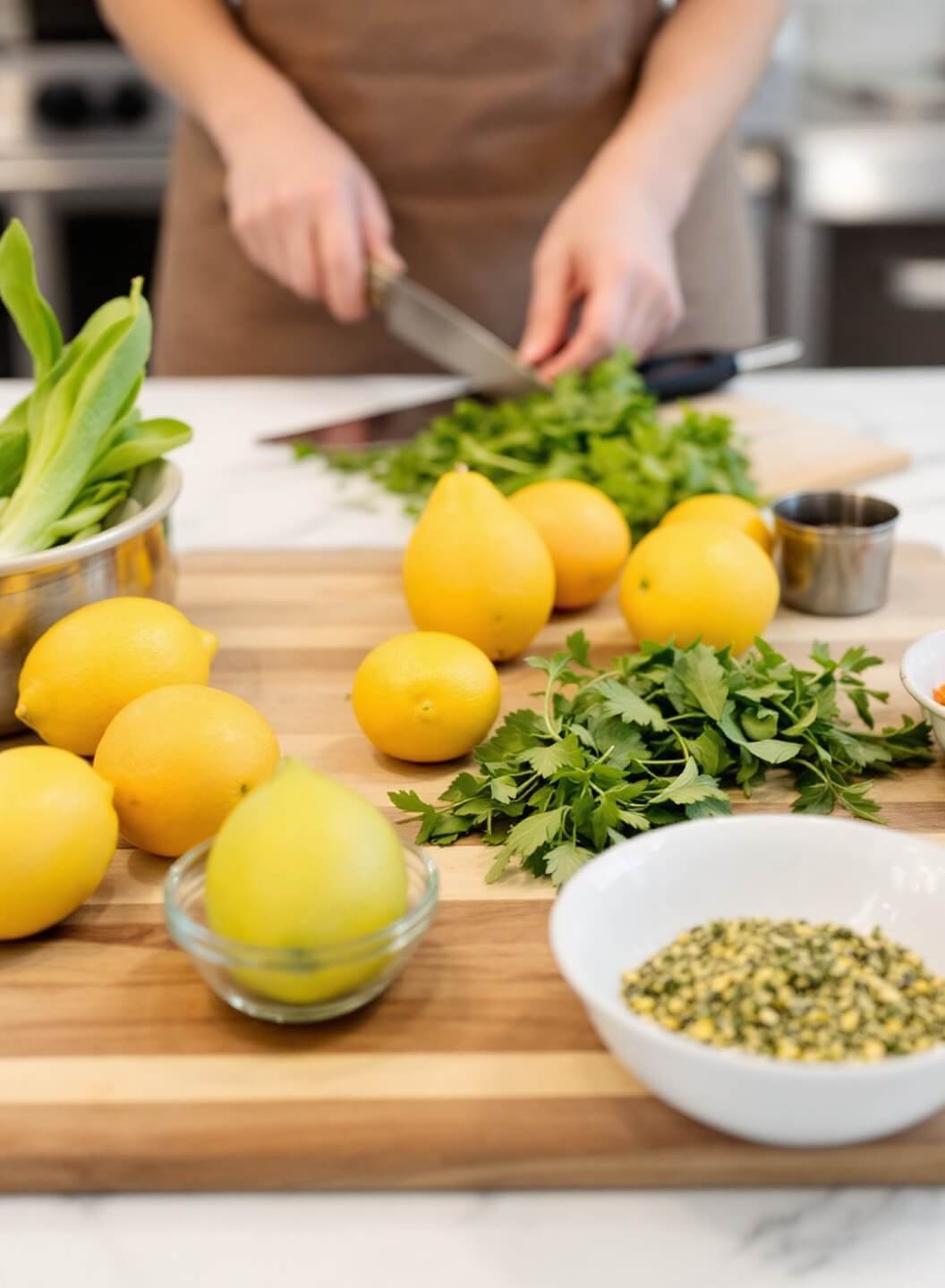 Mediterranean style prep station in a bright kitchen with citrus fruits and herbs