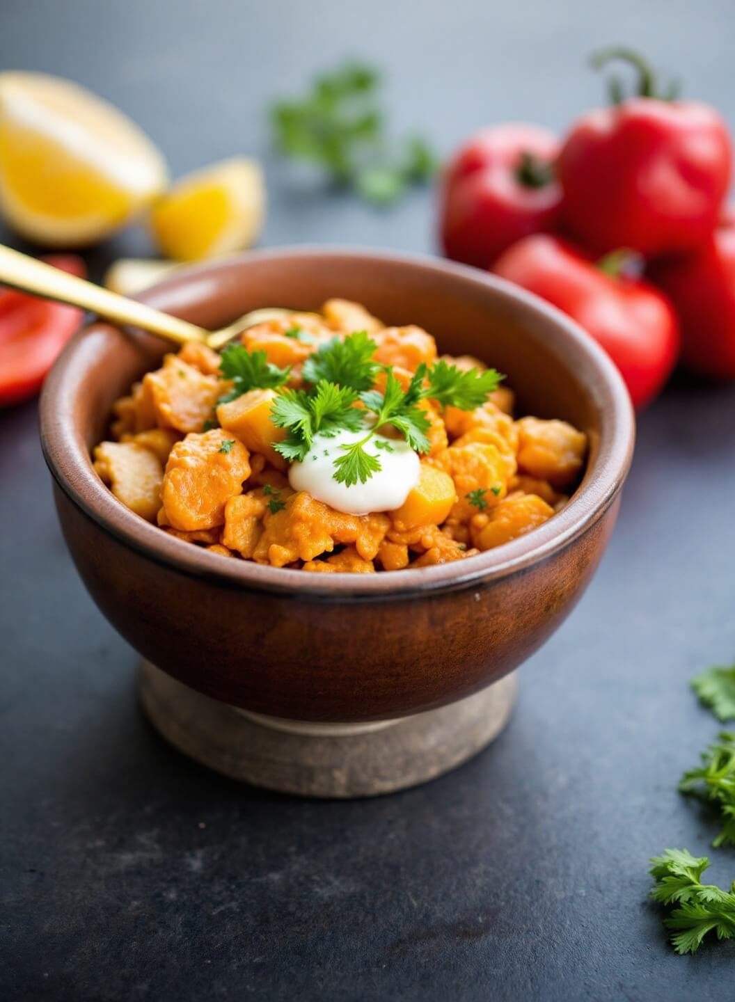 Rustic bowl filled with paprika and garnished with parsley