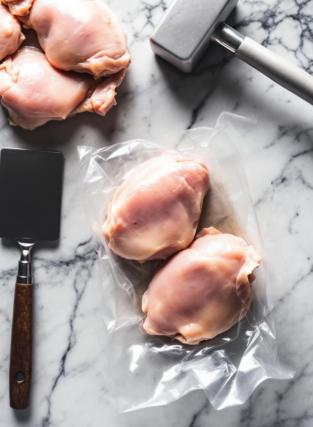 Overhead shot of pounded chicken breasts between clear plastic wrap on marble countertop, with a meat mallet under dramatic lighting.