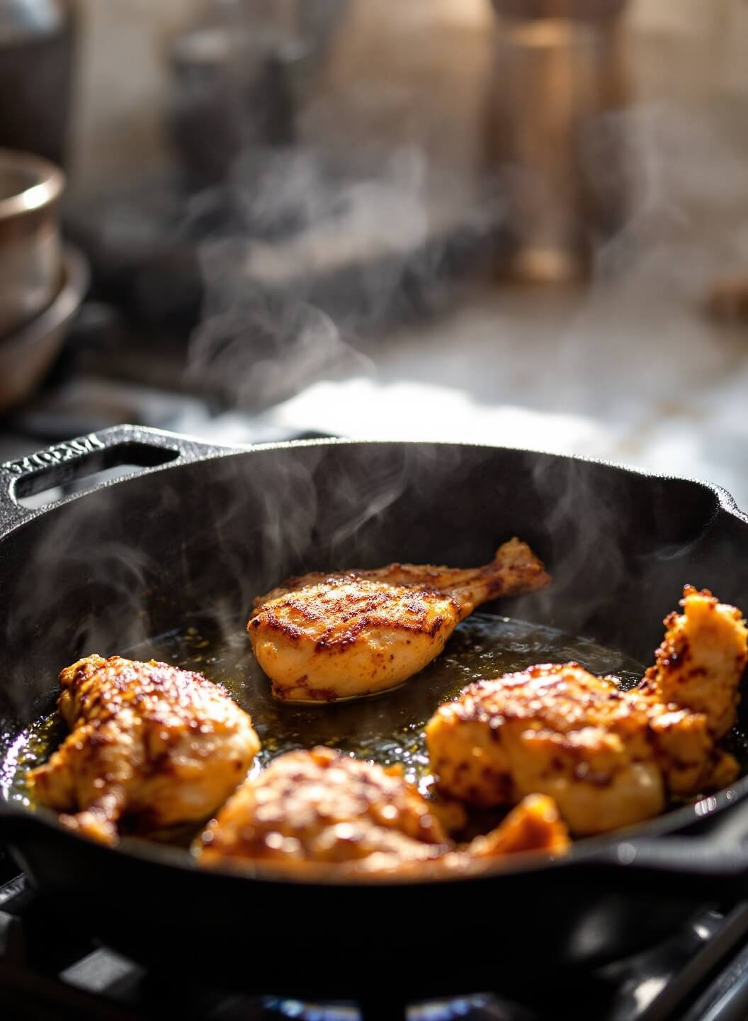 Golden seared chicken sizzling in a cast iron skillet with steam rising and oil shimmering under warm kitchen lighting