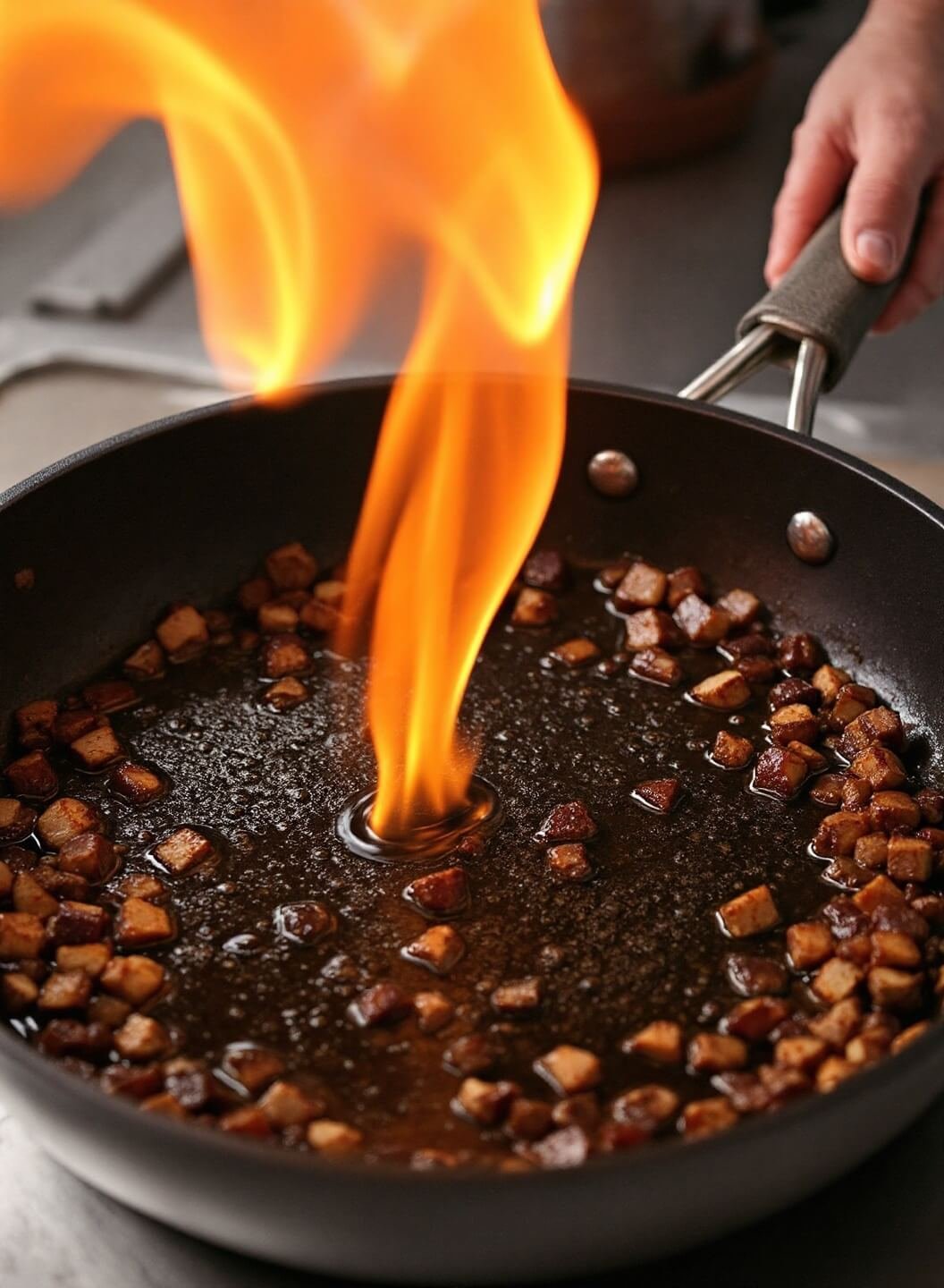 Professional chef deglazing a pan with white wine, flames rising, and caramelized bits visible in a professional kitchen setting