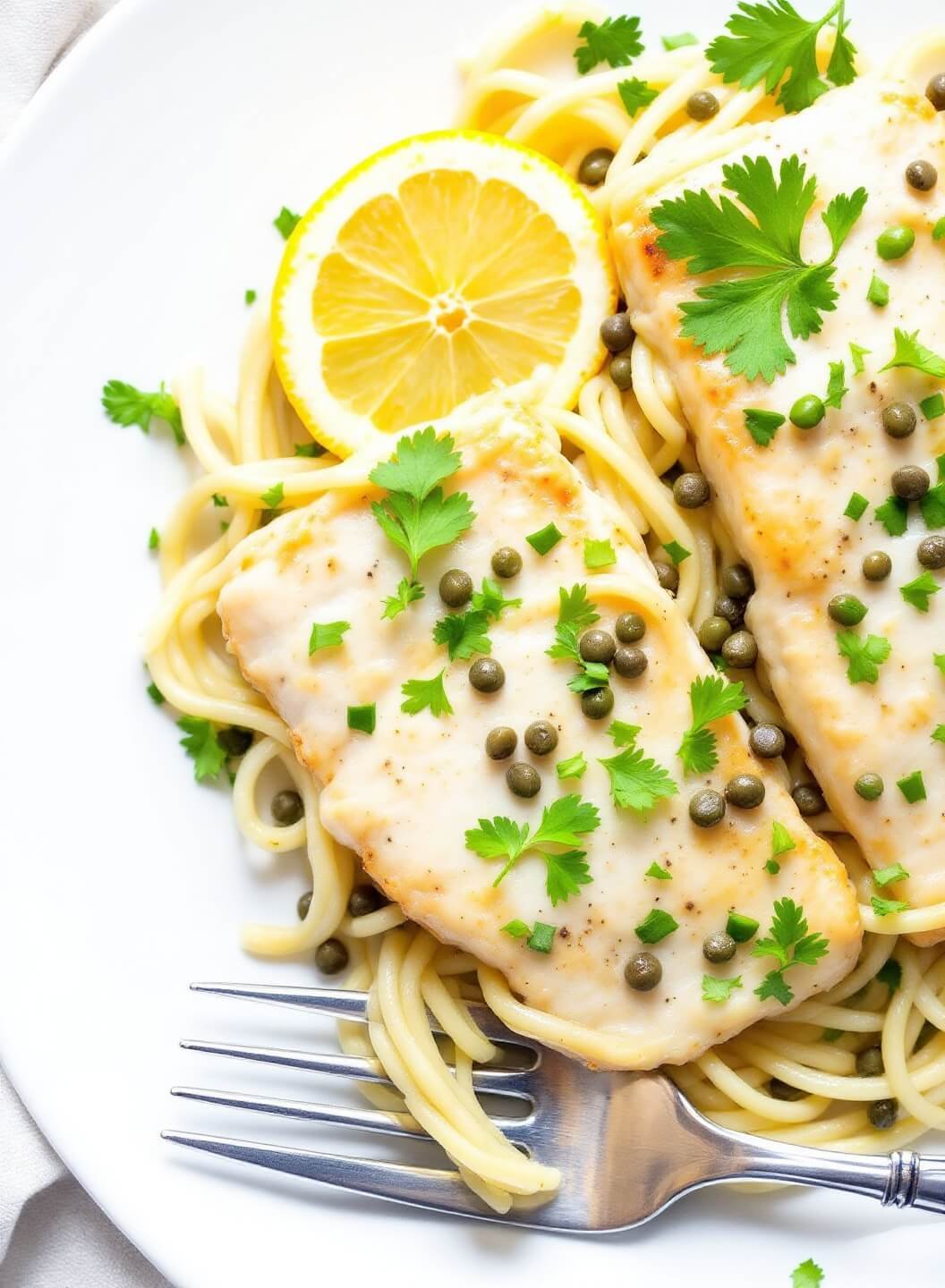 Restaurant style Chicken Piccata garnished with fresh parsley, capers and lemon slices on a white plate