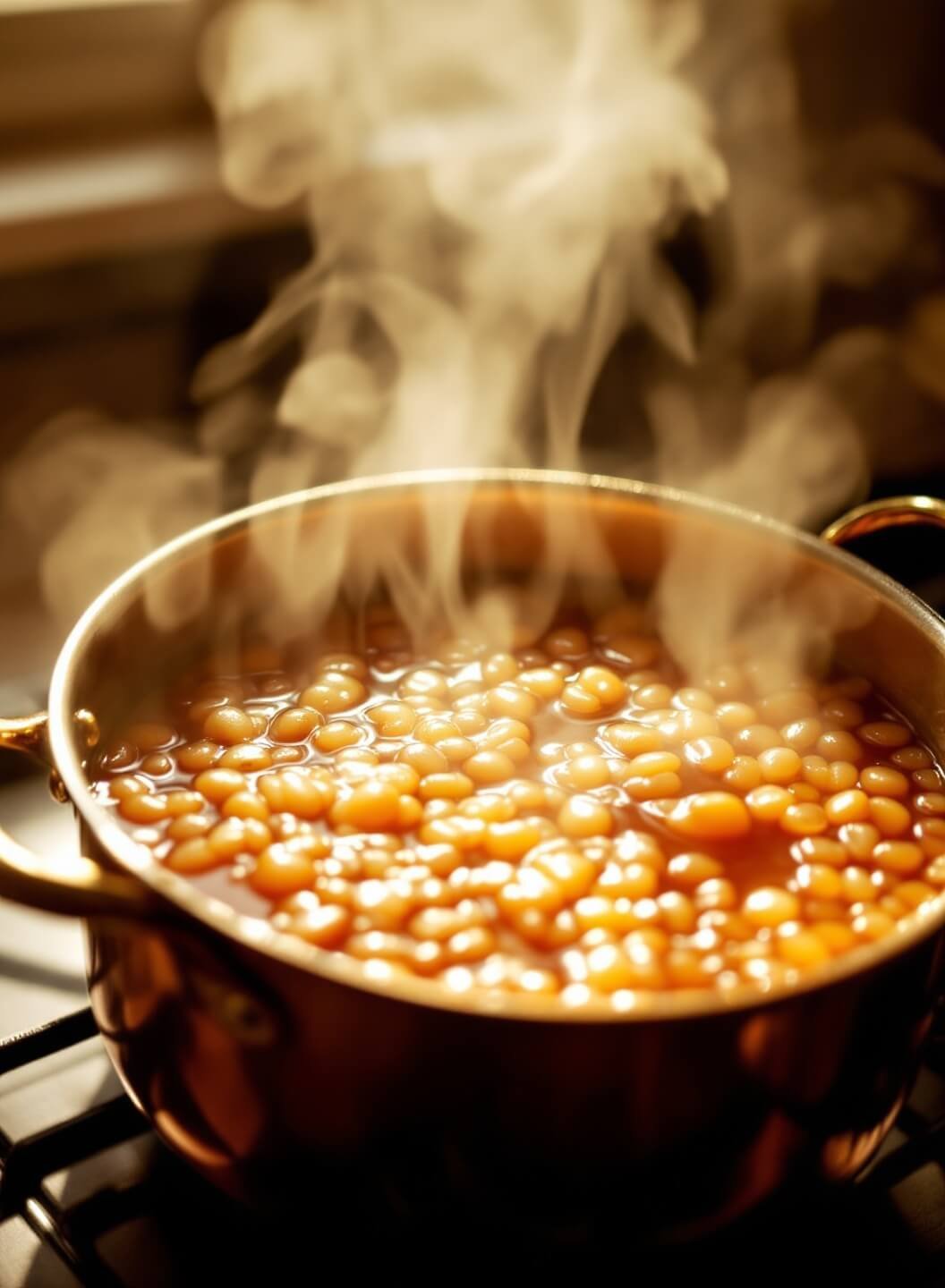 Copper saucepan with reducing apple cider on gas stove, steaming with warm afternoon light shining through kitchen window