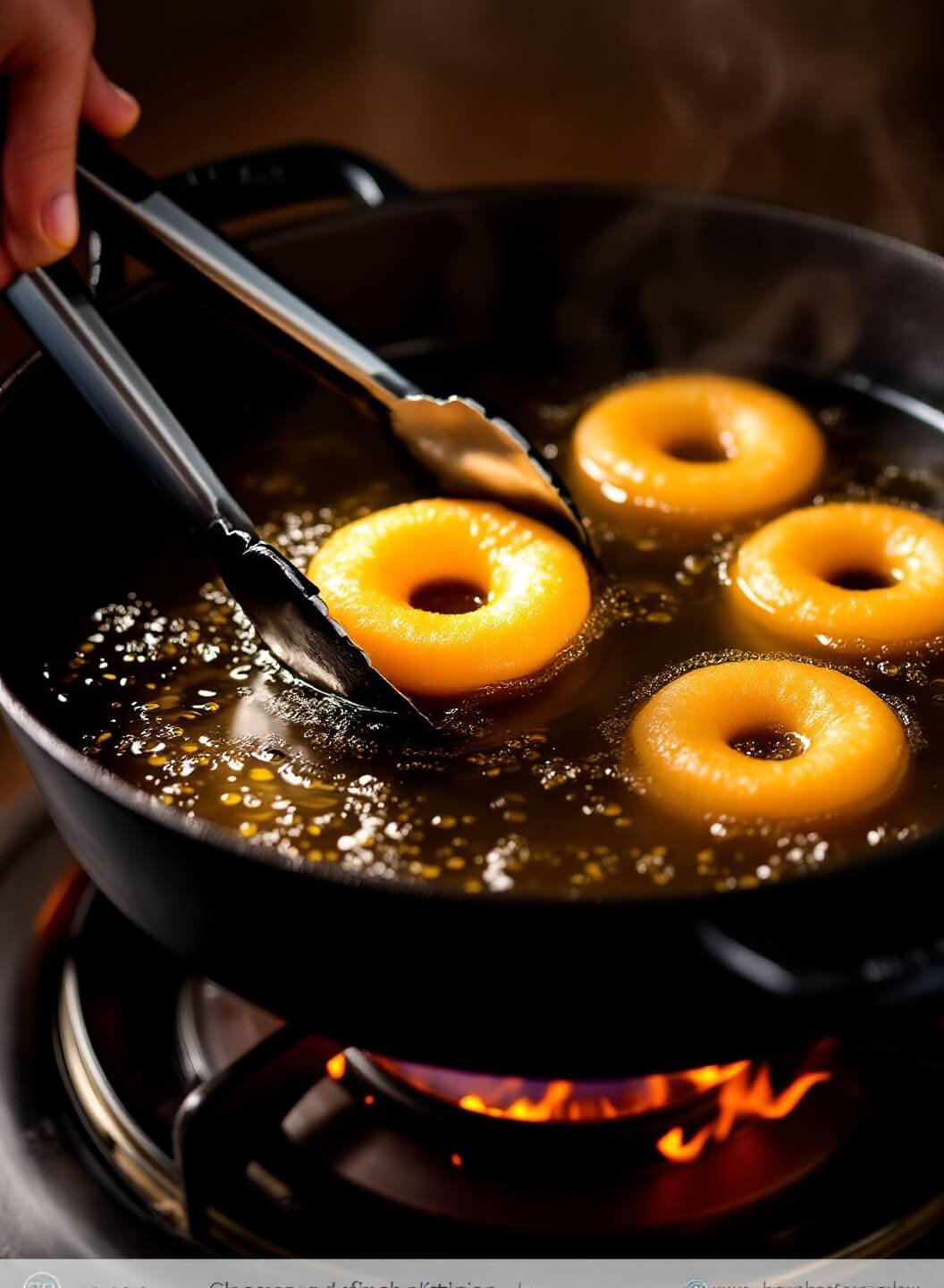 Frying golden donuts in hot oil in a dark cast iron Dutch oven with tongs ready to flip and steam rising dramatically in a warm-lit kitchen