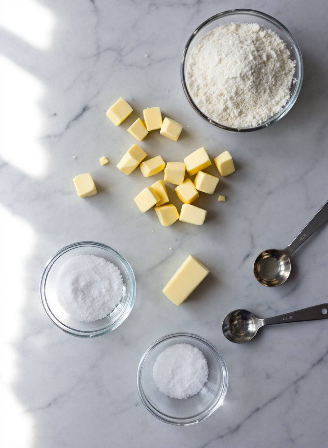 Cubed butter, measured flour, and salt in glass bowls on a marble surface, illuminated by morning light from a kitchen window