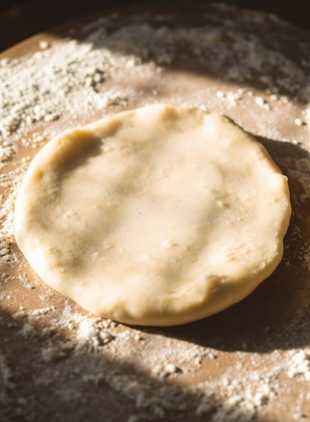 Dough being rolled on a flour-dusted surface, butter streaks in translucent layers visible, under the glowing light of early morning casting long shadows