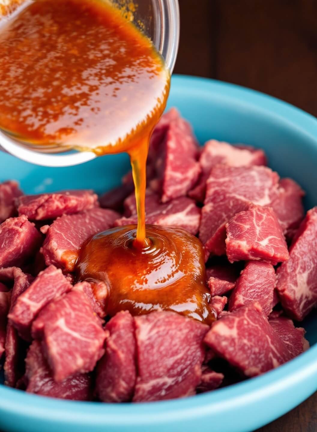 Thinly sliced flank steak marinating in a blue ceramic bowl on a dark wooden surface