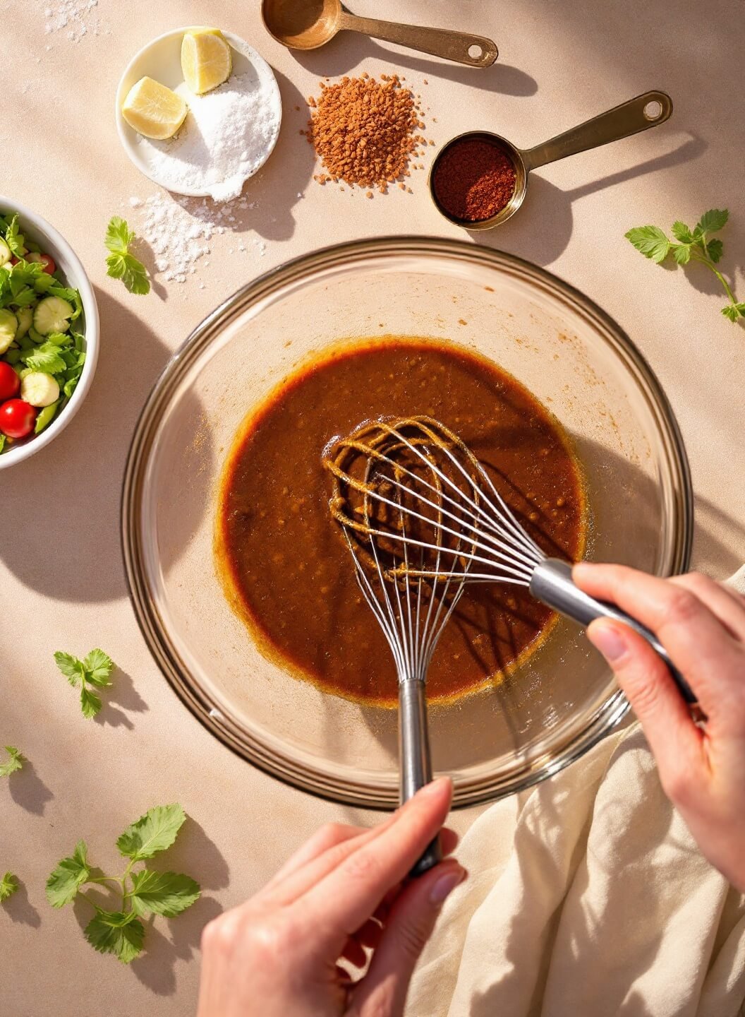 Ingredients for brown sauce being whisked in a clear bowl, surrounded by measuring spoons and fresh ingredients under warm kitchen lighting