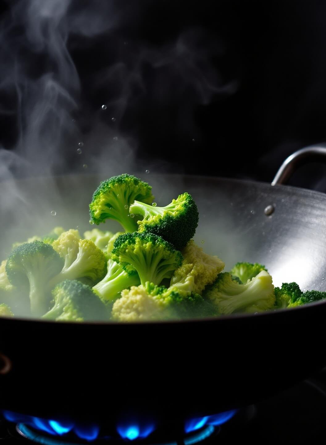 Green broccoli florets being tossed in a steaming wok over blue flames, oil droplets reflecting light and steam rising