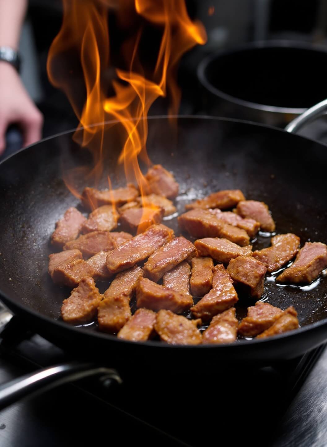 Marinated beef strips searing in a hot wok with intense caramelization, flames and smoke