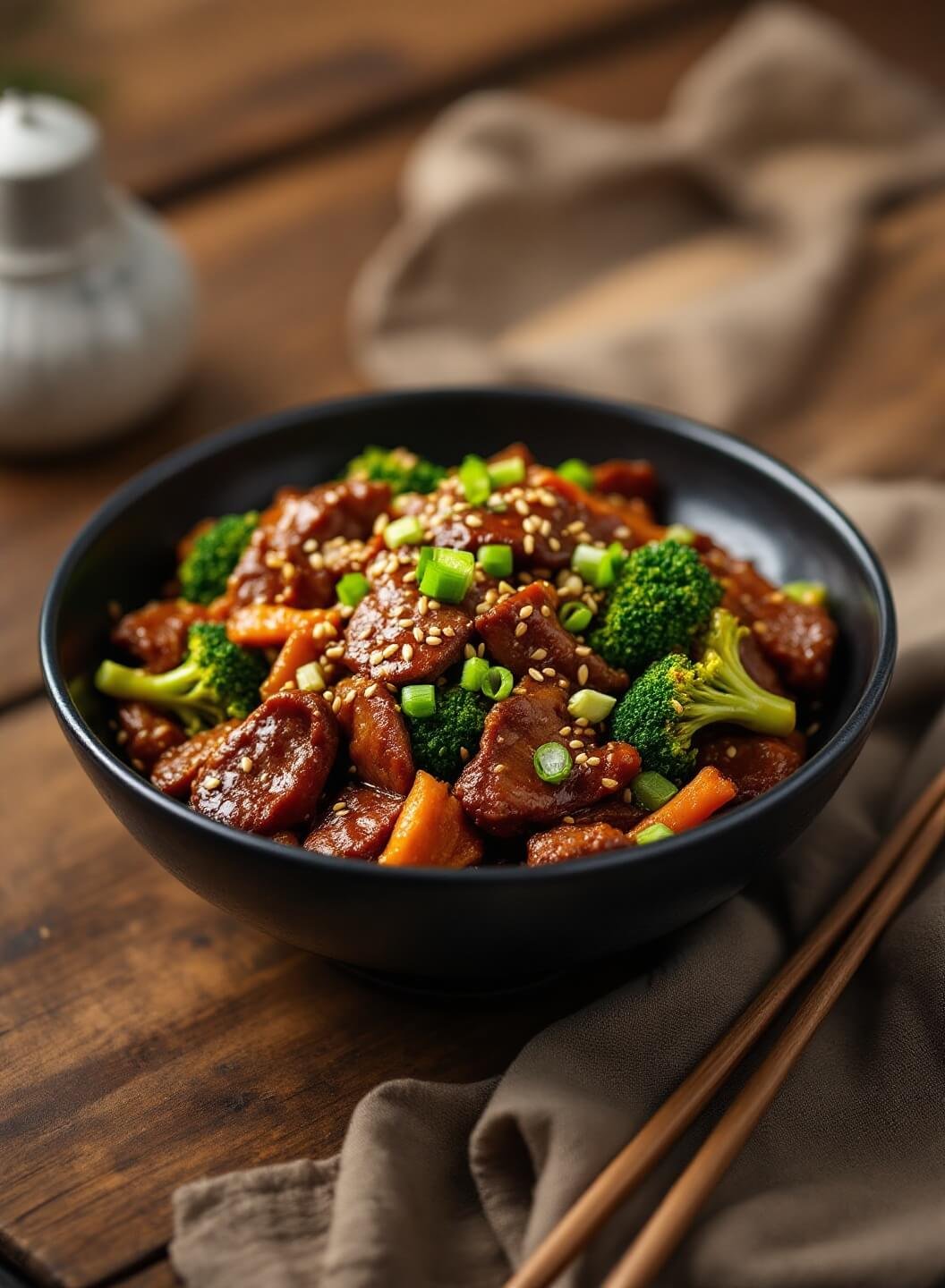 Professional shot of glossy beef and broccoli stir-fry garnished with sesame seeds and green onions in a black ceramic bowl on a rustic wooden table with chopsticks