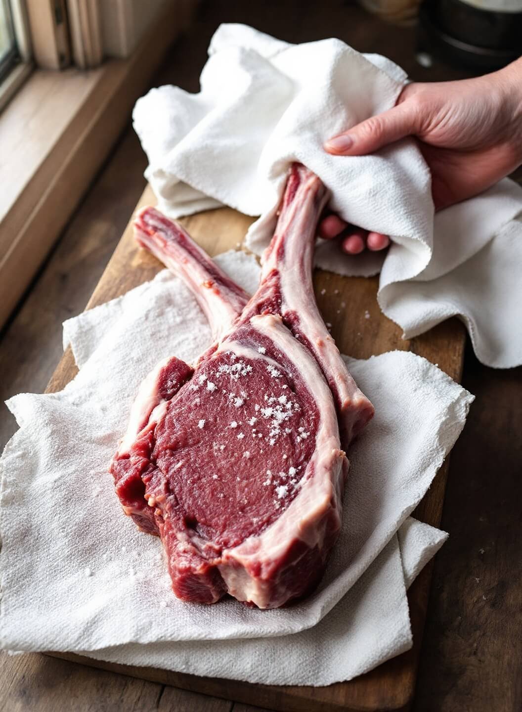 Raw lamb shanks on a wooden cutting board being dried with paper towels, illuminated by natural window light