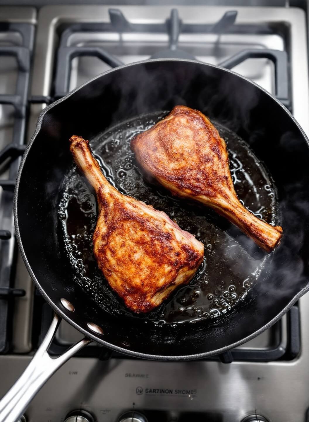 Lamb shanks searing in a cast iron pan on a gas stove, with visible flames, steam, oil sizzle, and deep caramelization on meat's surface