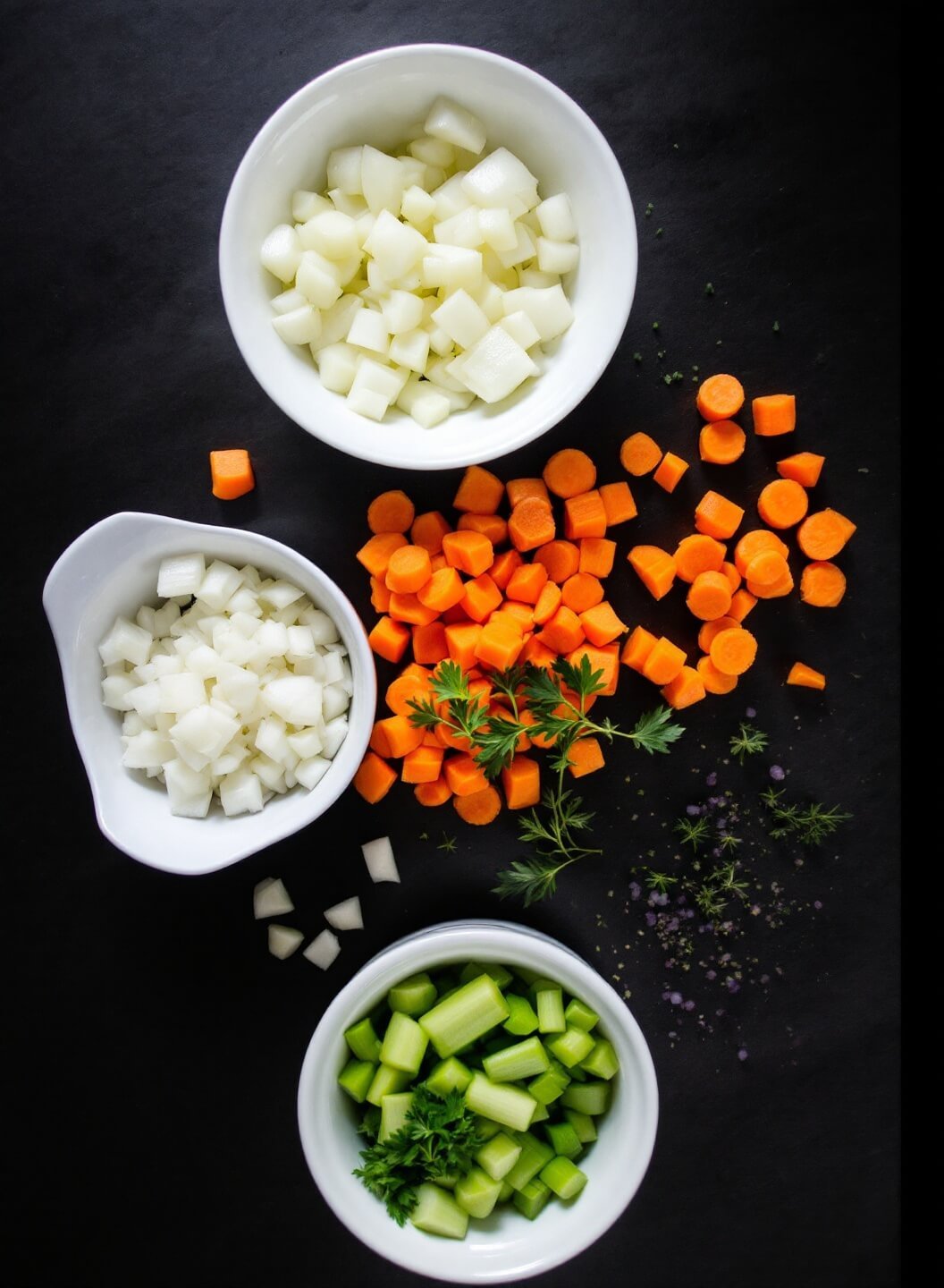 Chopped onions, carrots, and celery in white bowls on a dark countertop with scattered fresh herbs