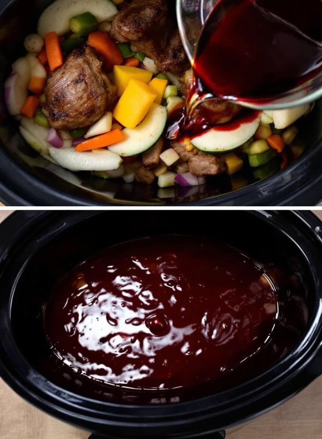 Ingredients, including browned shanks and vibrant vegetables, being layered into a ceramic slow cooker with red wine being poured, forming a burgundy pool.