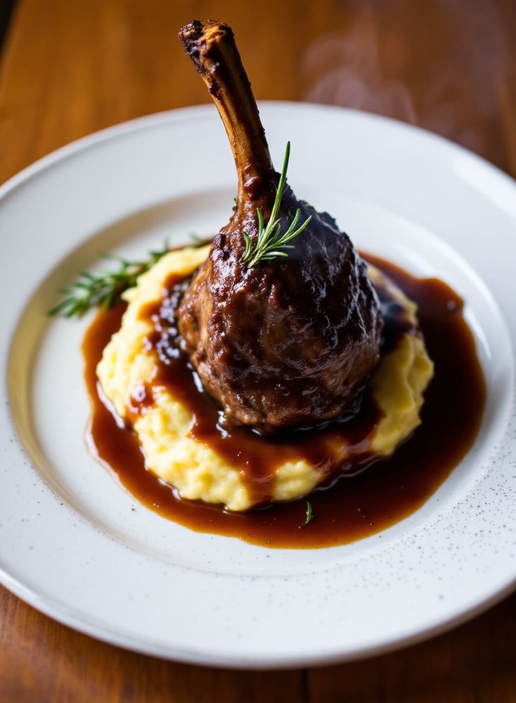 Lamb shank on creamy mashed potatoes with rosemary garnish on a rustic table under moody lighting