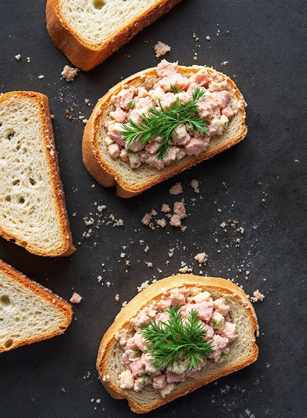 Artisan making assembly stage of a tuna salad sandwich with fresh dill sprigs on golden-brown bread slices.