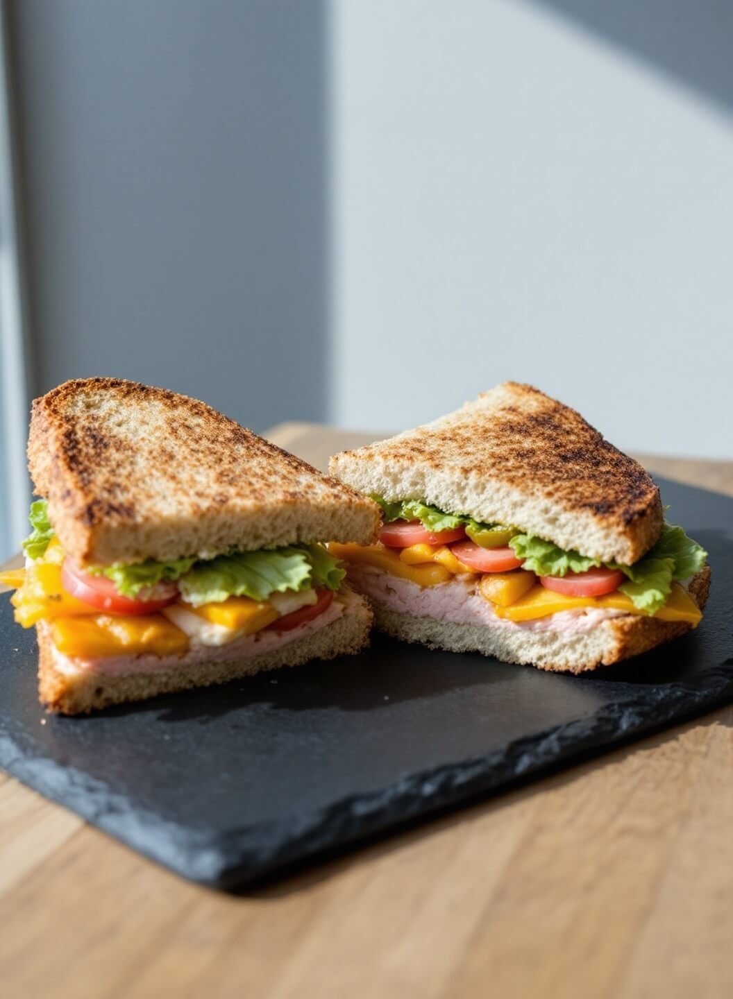 Diagonal cut sandwich on a slate plate with lettuce leaf and pickle spear garnish under soft sidelight in a restaurant style presentation.