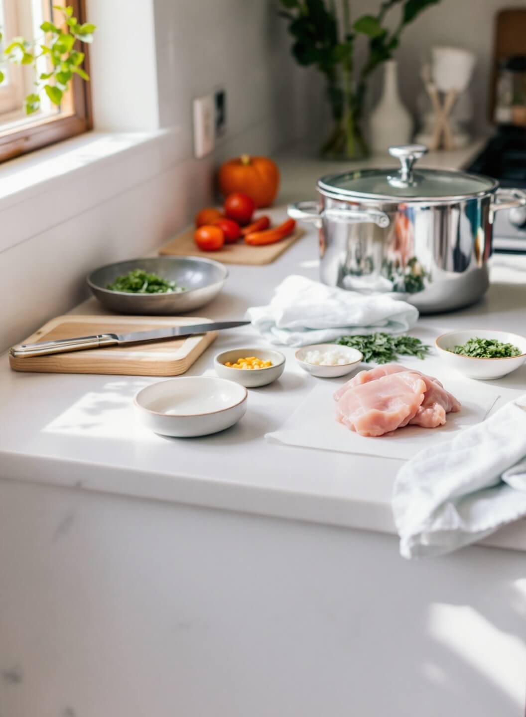 Organized kitchen countertop with diced vegetables, fresh herbs, raw chicken, Dutch oven, measuring cups, and wooden cutting boards in natural light