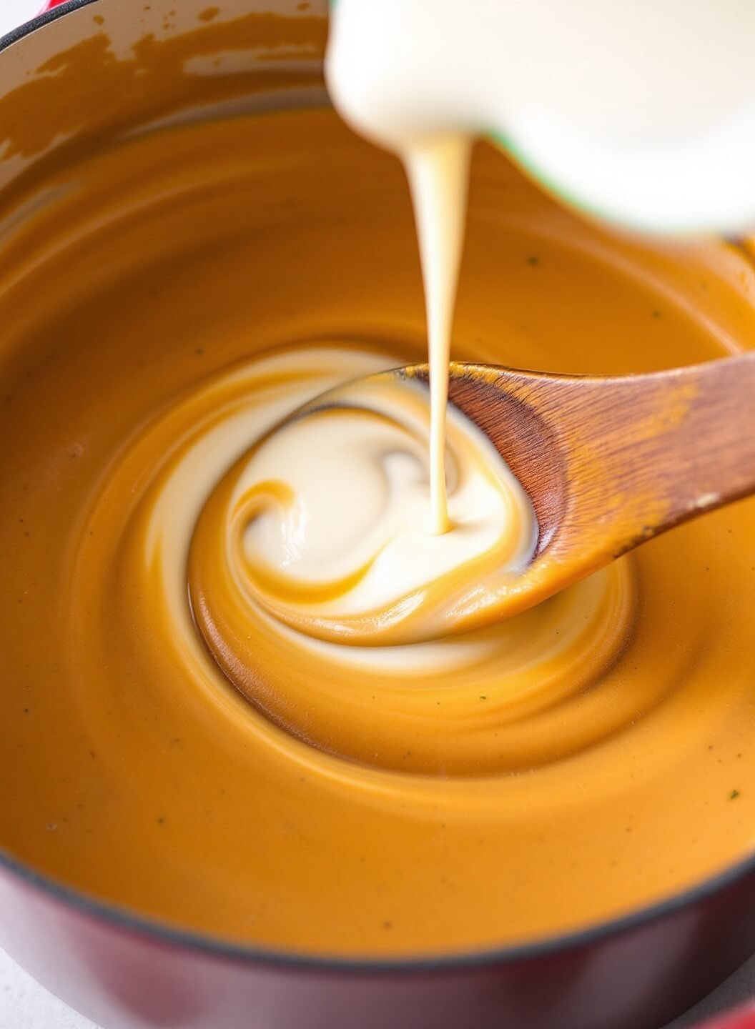 Wooden spoon stirring cream into a velvety roux in a pot under warm kitchen lighting, with herb specks visible