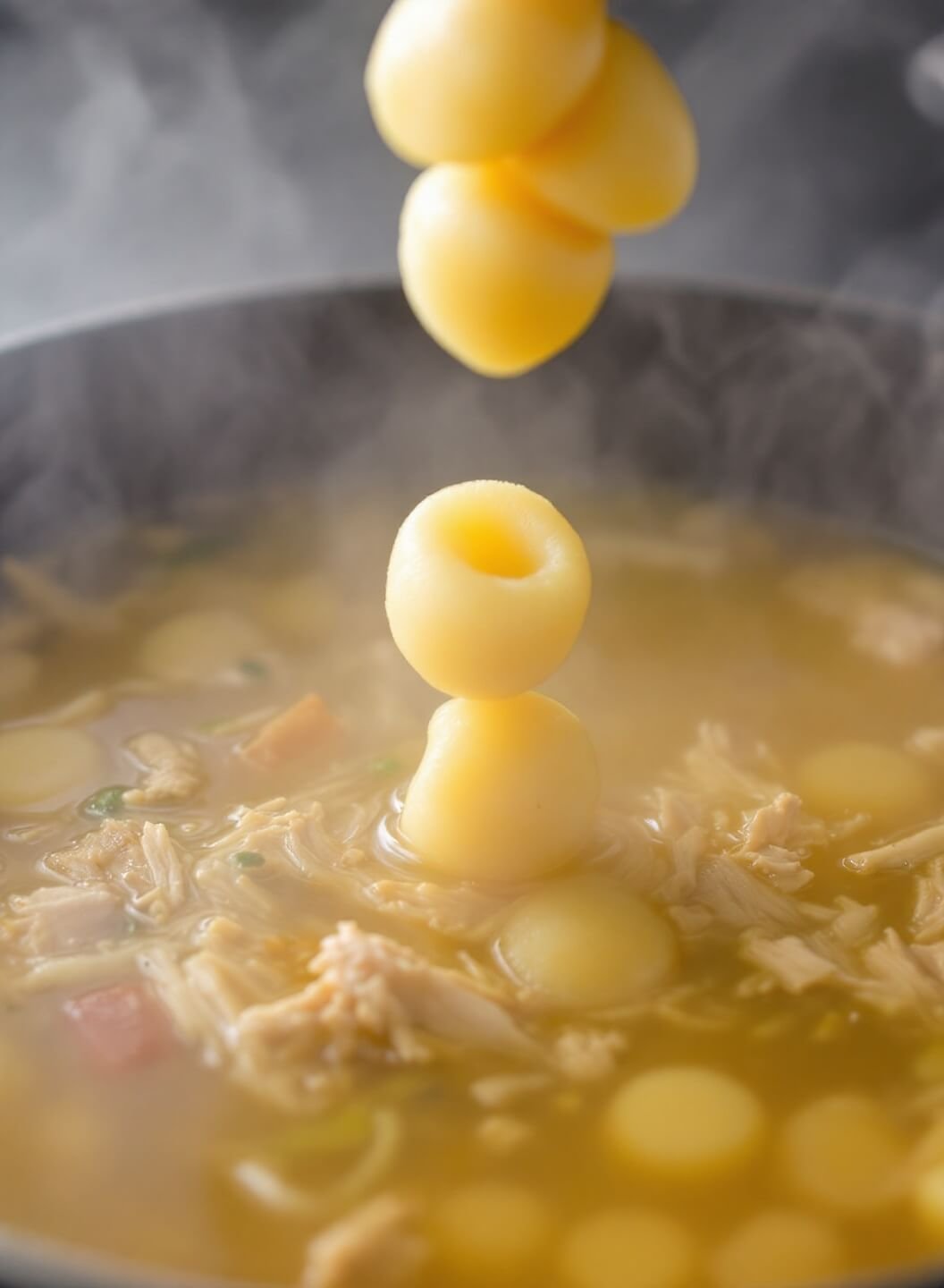 Potato gnocchi dropping into simmering chicken broth with visible vegetables and steam rising in the background