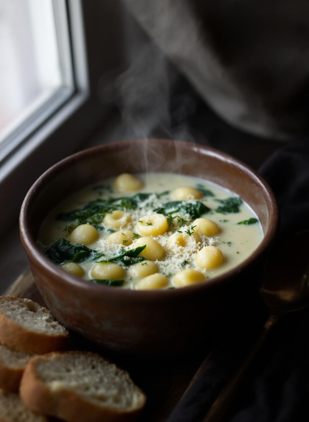 Steaming soup with gnocchi, spinach and parmesan in a rustic bowl, served with crusty bread in soft window light