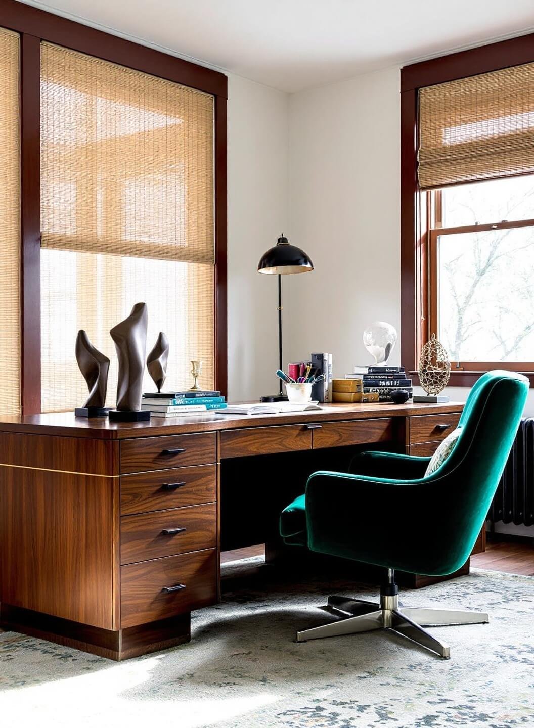 Curved walnut desk with brass inlay detail in a home office, afternoon light filtering through bamboo blinds, emerald velvet executive chair, vintage books and modernist sculptures on the desk.