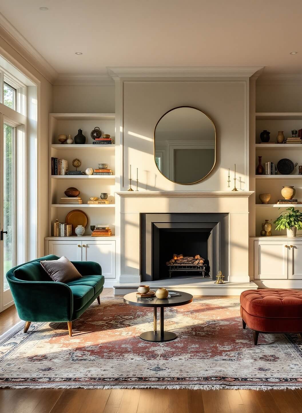 Elegant living room with sunlight streaming through floor-to-ceiling windows, highlighting a limestone fireplace with a matte black surround and brass-framed mirror. Decor includes white oak shelves, emerald velvet sofa, vintage rugs in cream and rust, and a collection of vintage books and artisanal ceramics.