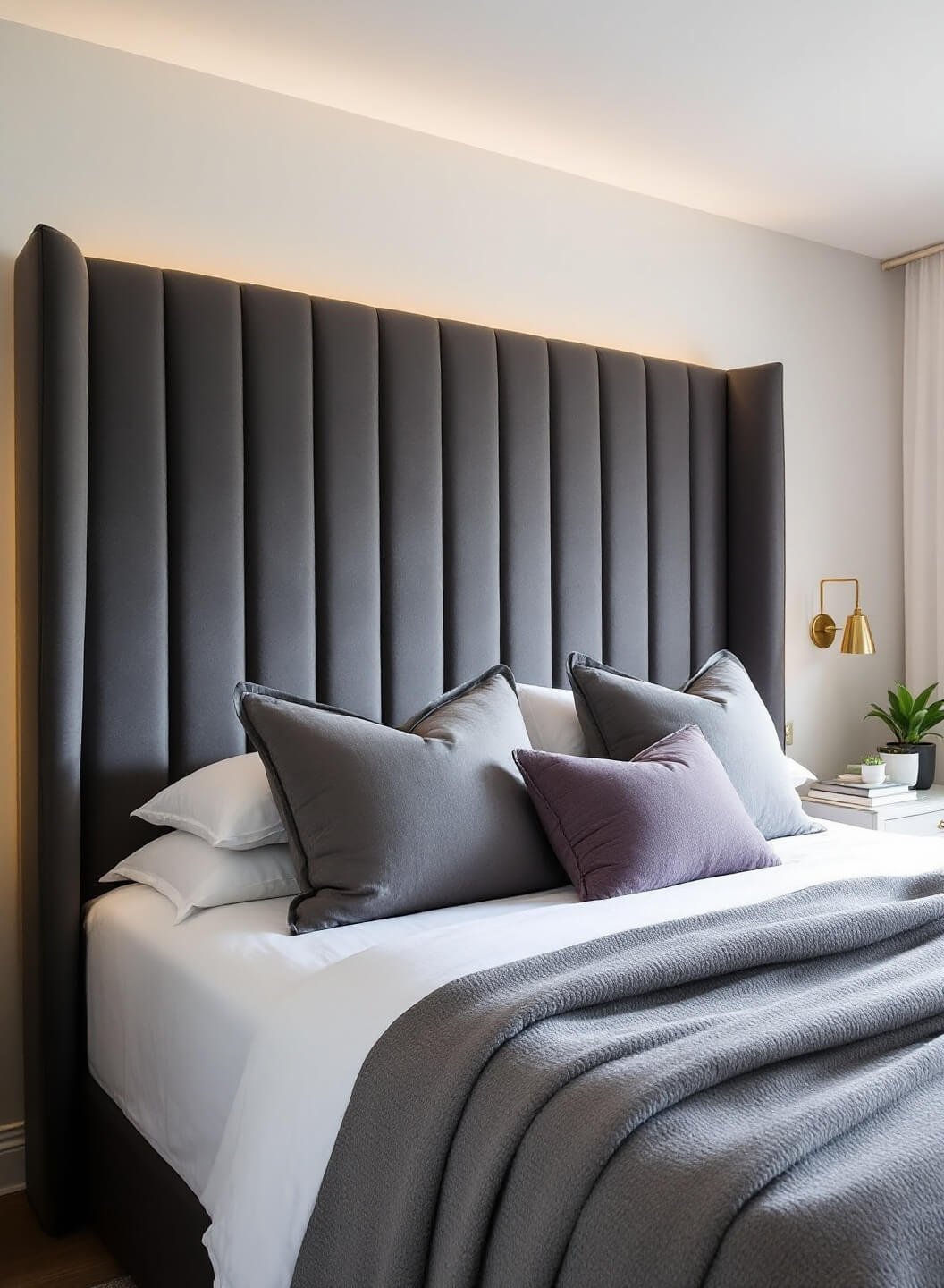 Modern primary bedroom with LED-backlit channel-tufted headboard, white bedding and textured pillows, lit by early morning light through sheer drapes