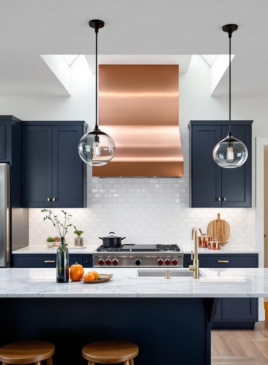 Contemporary kitchen featuring waterfall island with book-matched marble top, handmade white zellige tile backsplash, and copper range hood, bathed in natural light from skylight with stunning reflections on metallic surfaces, photographed from dining area entrance.