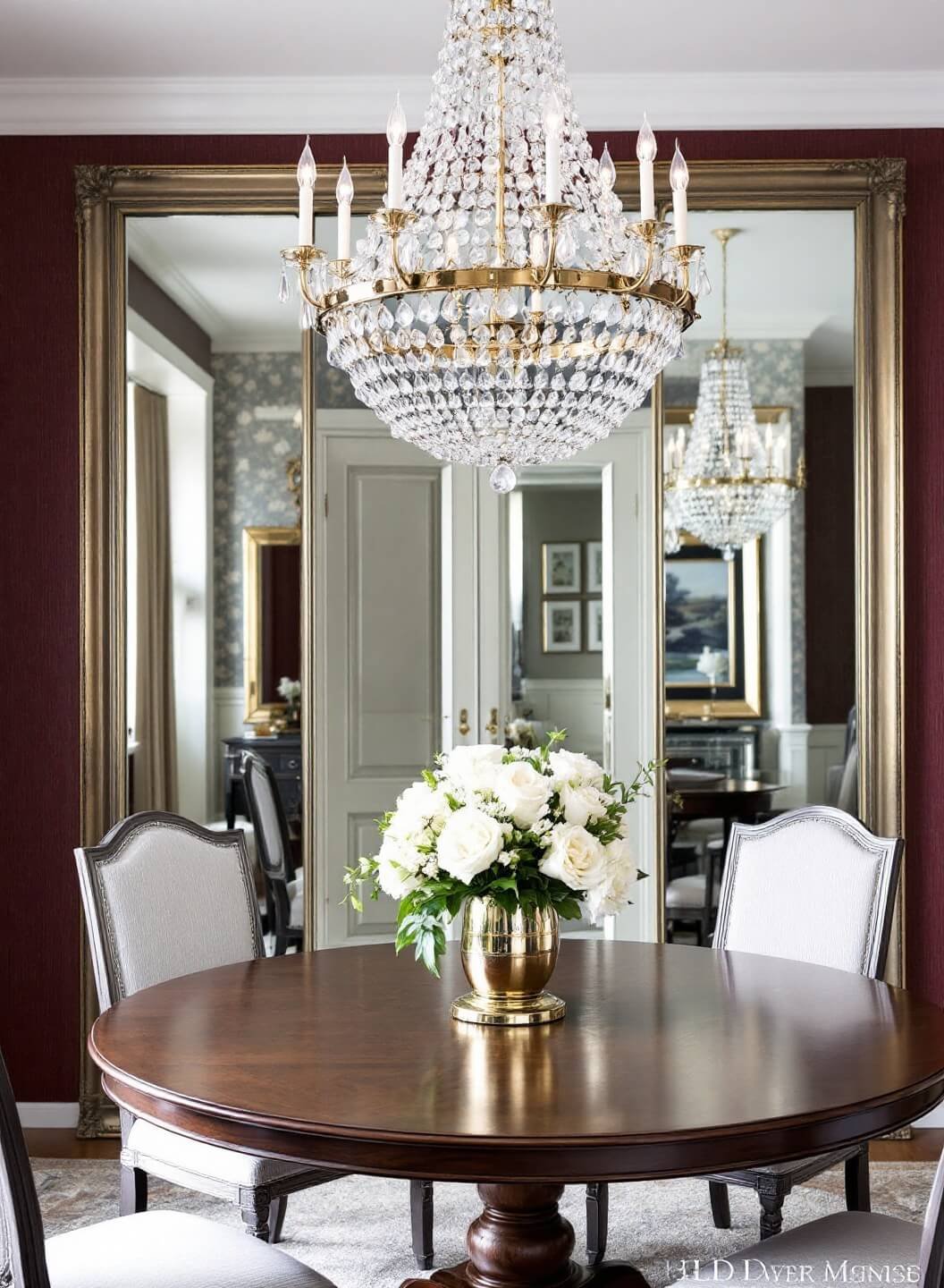 Sophisticated dining room with a crystal chandelier over a round walnut table, antiqued mirror wall reflecting candlelight, wine-colored wallpaper, and mixed metal accents shot in diffused lighting